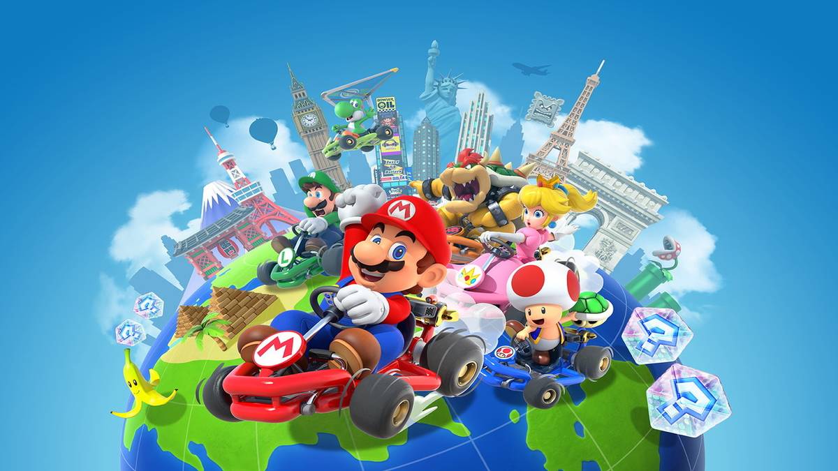 Mario Kart Tour image depicting Mario and friends on a globe.