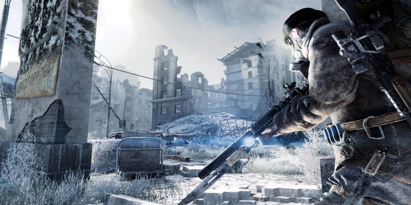 metro 2033 person leaning on pillar in front of snow destroyed buildings