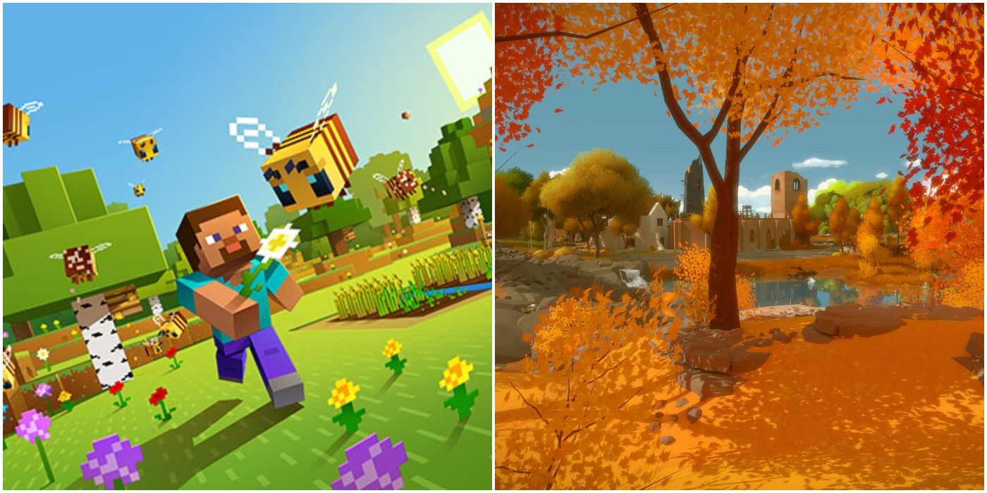 (Left) Steve chasing a bee (Right) autumn forest in The Witness