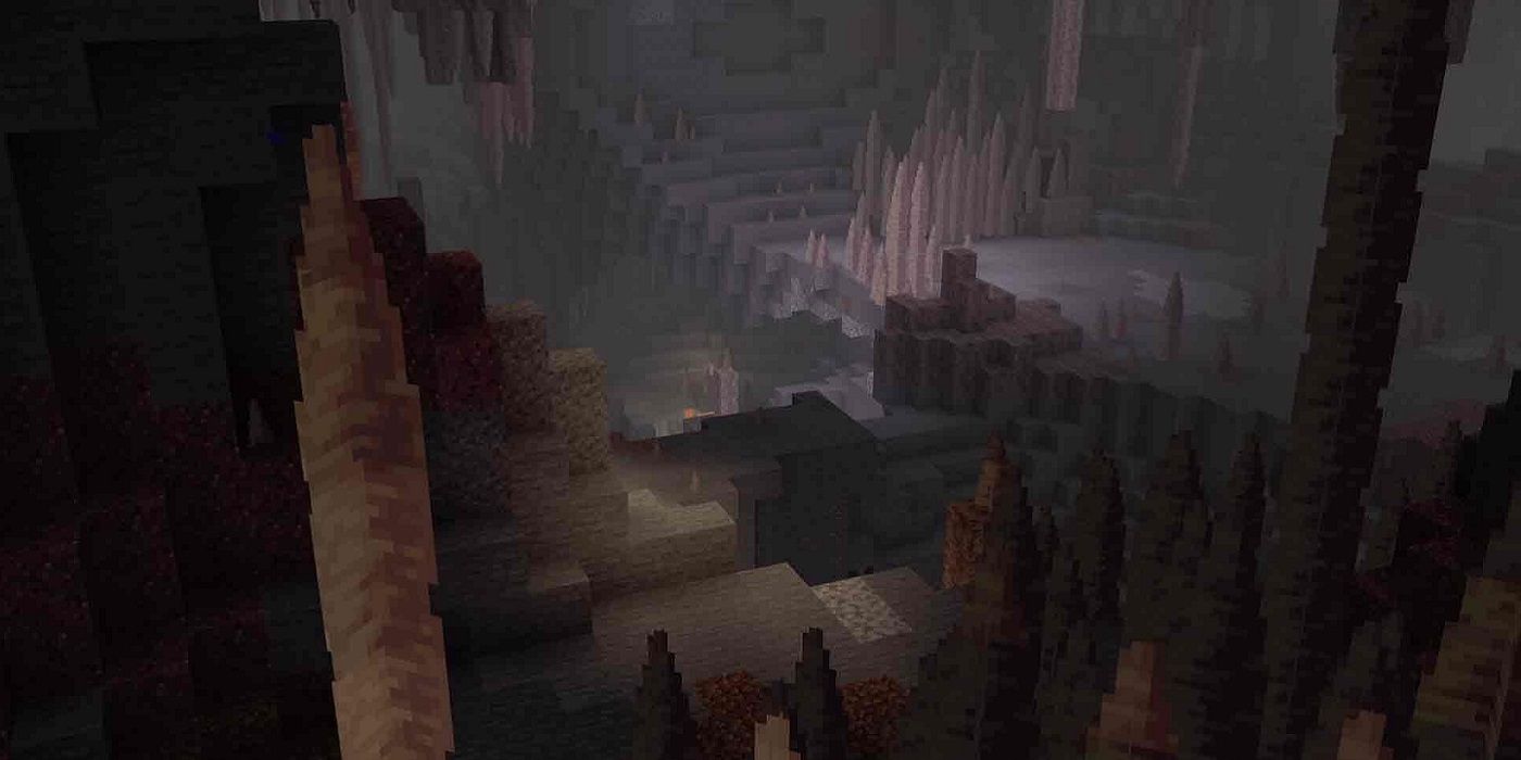 Minecraft screenshot showing the new cave system in the Caves & Cliffs update