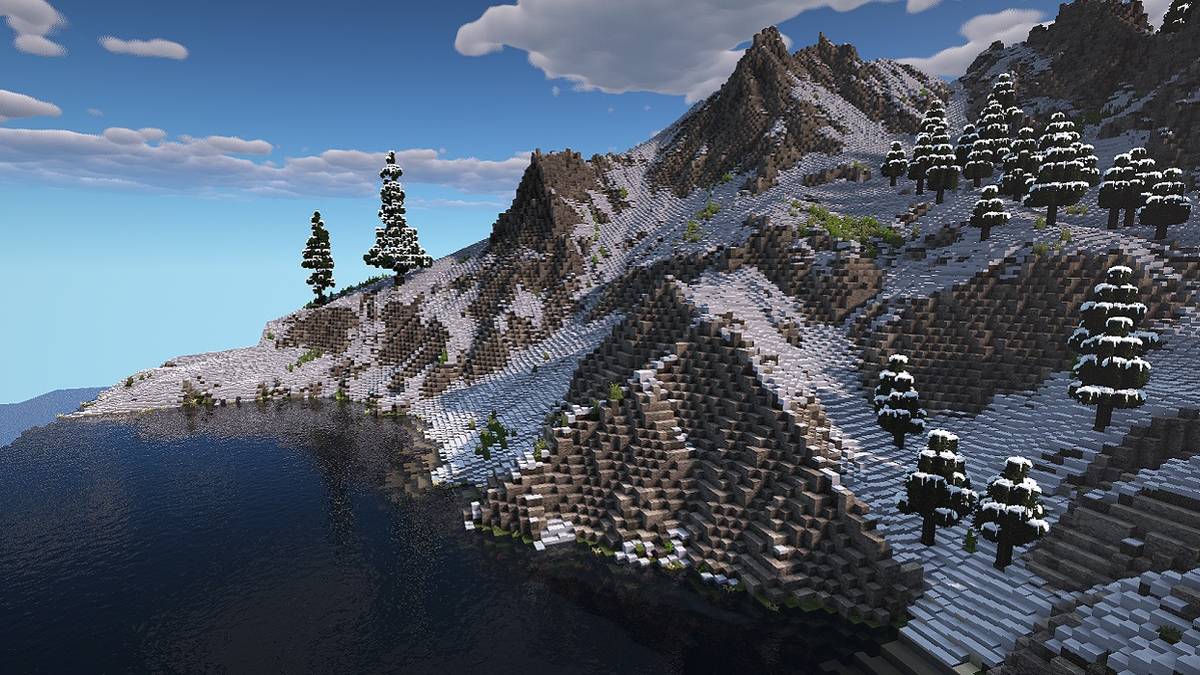 Screenshot of a snowy mountain in Minecraft