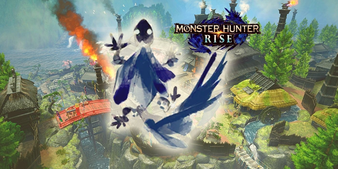 monster hunter rise logo and rock lizard logo with kamura village in background