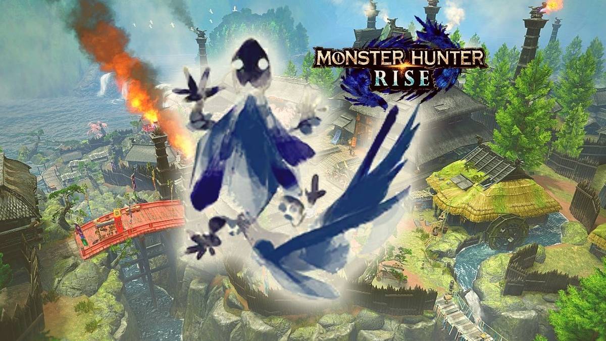 monster hunter rise logo and rock lizard logo with kamura village in background