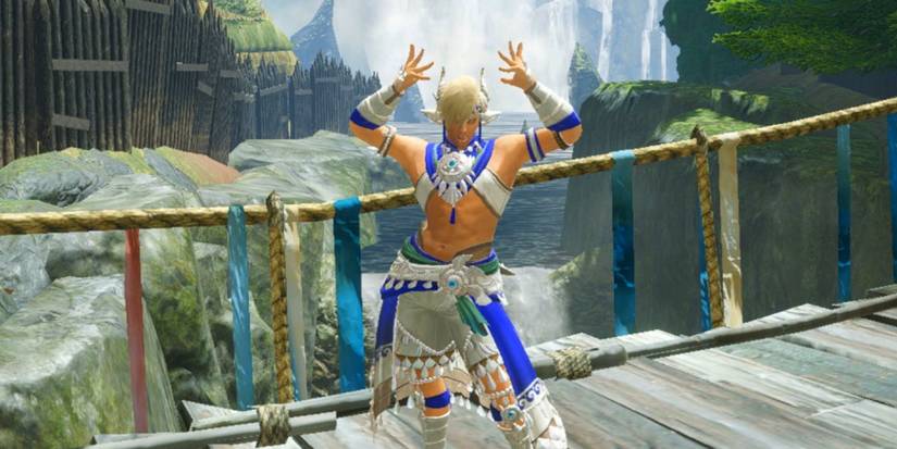 monster hunter rise hunter in front of waterfall