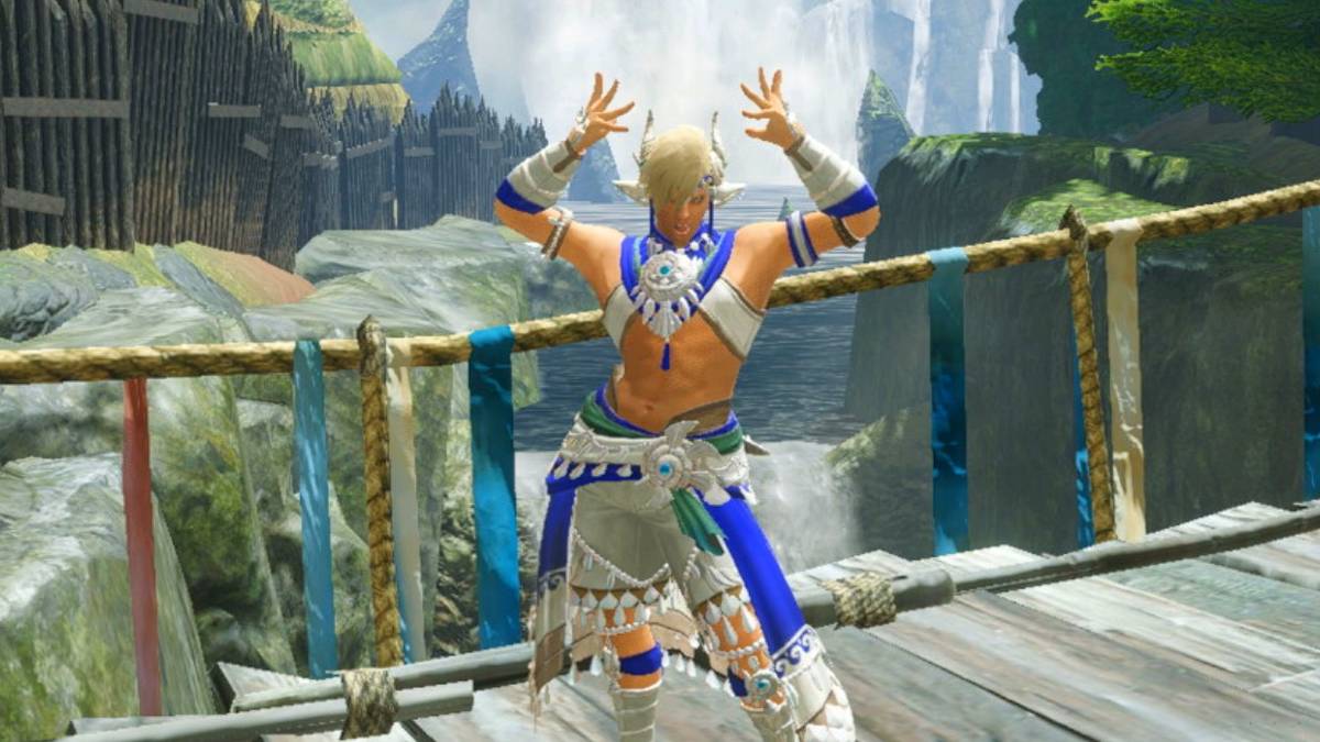 monster hunter rise hunter in front of waterfall