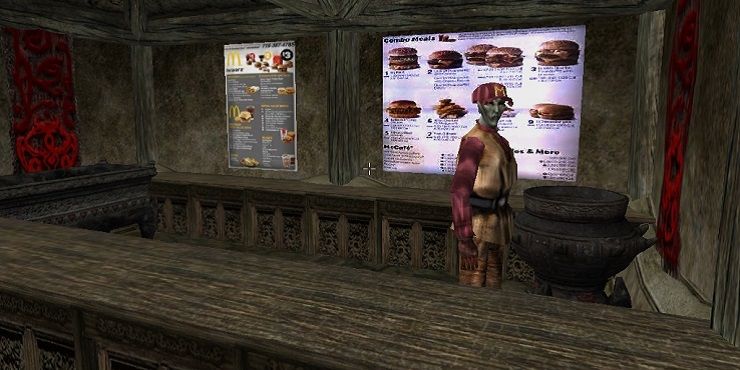 Screenshot of a McDonald's style restaurant inside a building in Balmora