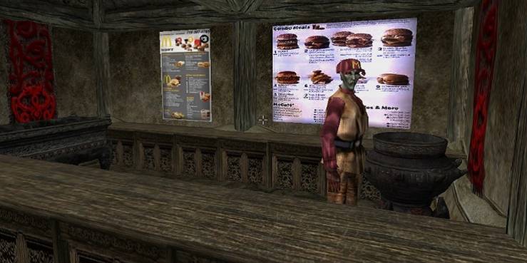Screenshot of a McDonald's style restaurant inside a building in Balmora