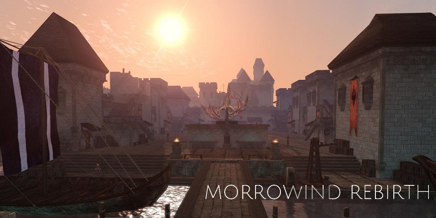 Screenshot showing a wide angle image of Morrowind in the Rebirth add-on.