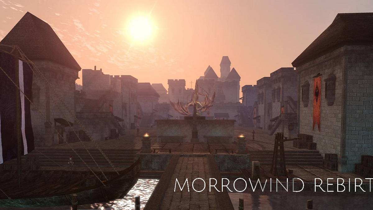Screenshot showing a wide angle image of Morrowind in the Rebirth add-on.