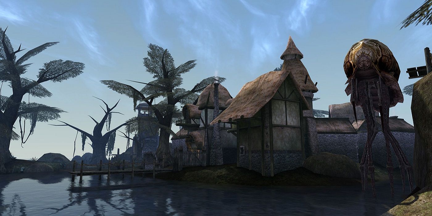 Screenshot of Morrowind showing a Silt Strider in Seyda Neen