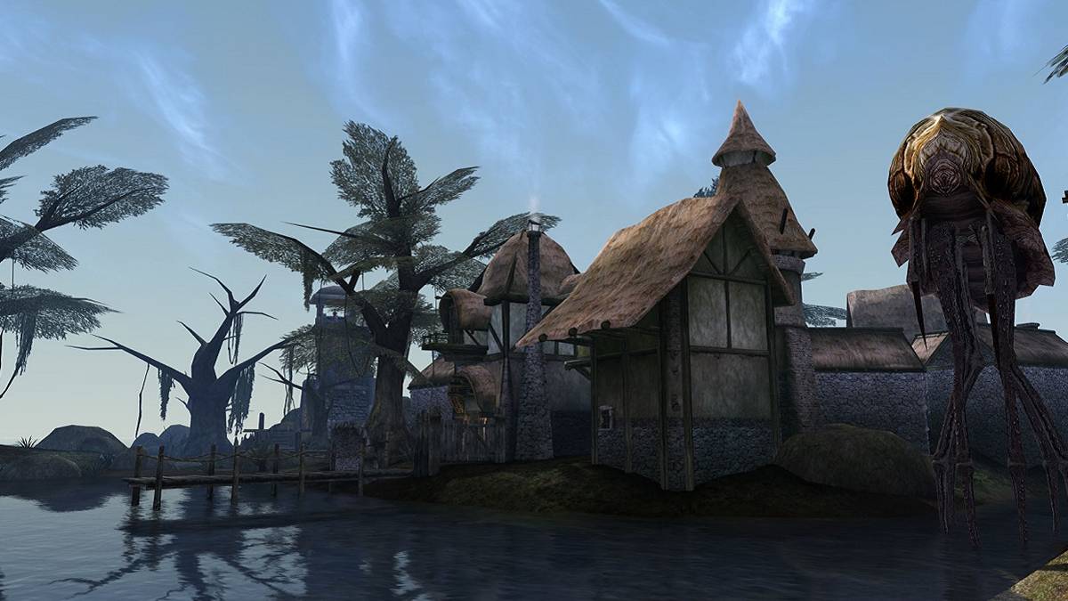 Screenshot of Morrowind showing a Silt Strider in Seyda Neen