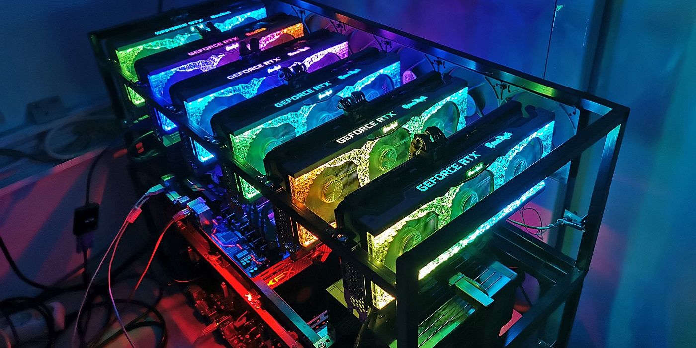Photo showing a series of Nvidia GPU cards hooked up for crypto mining.