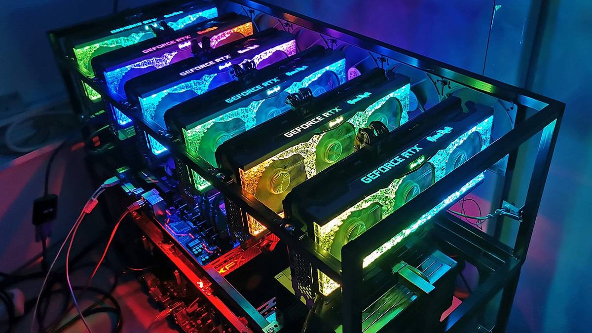 Photo showing a series of Nvidia GPU cards hooked up for crypto mining.