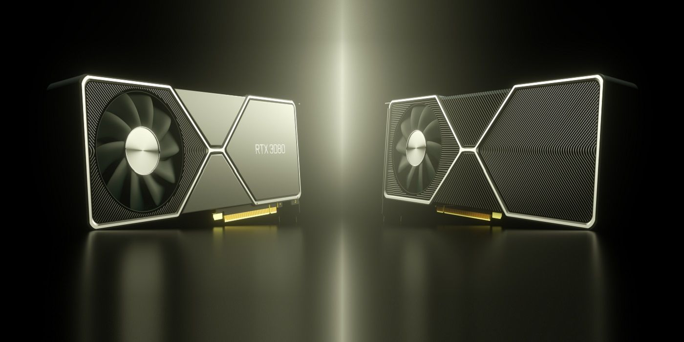A photo of two Nvidia RTX GPUs with a shaft f white light in between them.