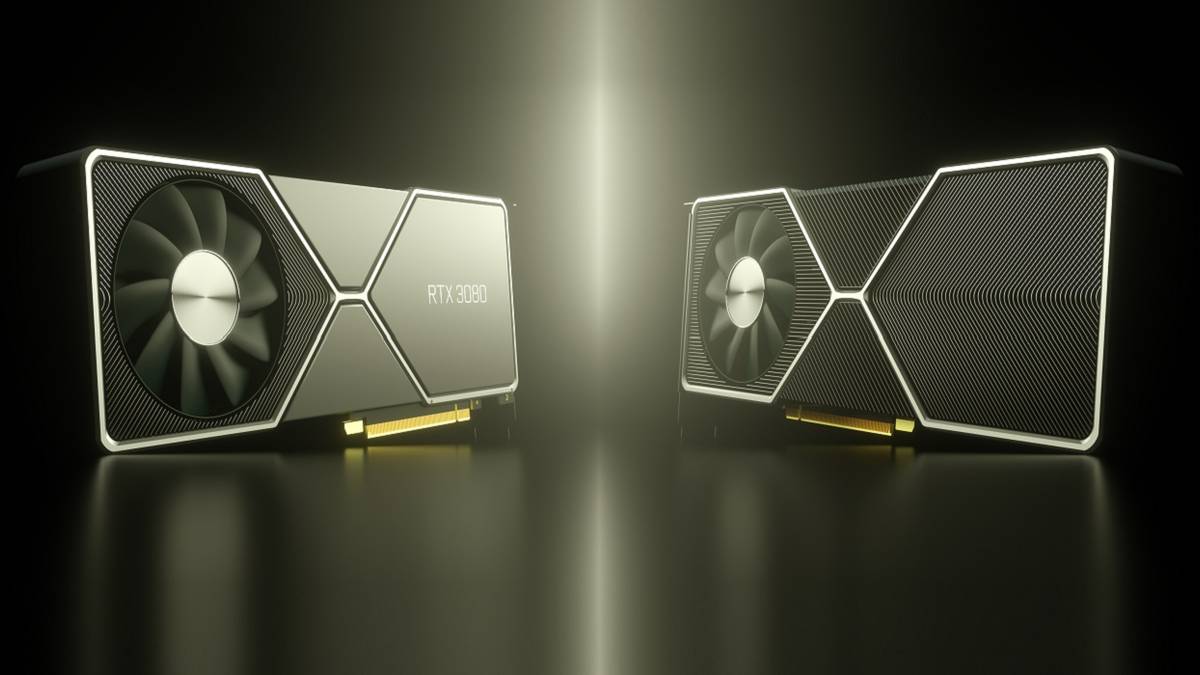 A photo of two Nvidia RTX GPUs with a shaft f white light in between them.