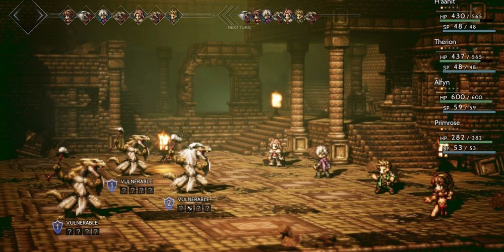 Octopath battle in a dungeon