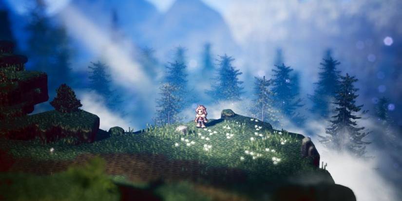 Octopath Traveler H'aanit stands on Duskbarrow Trail