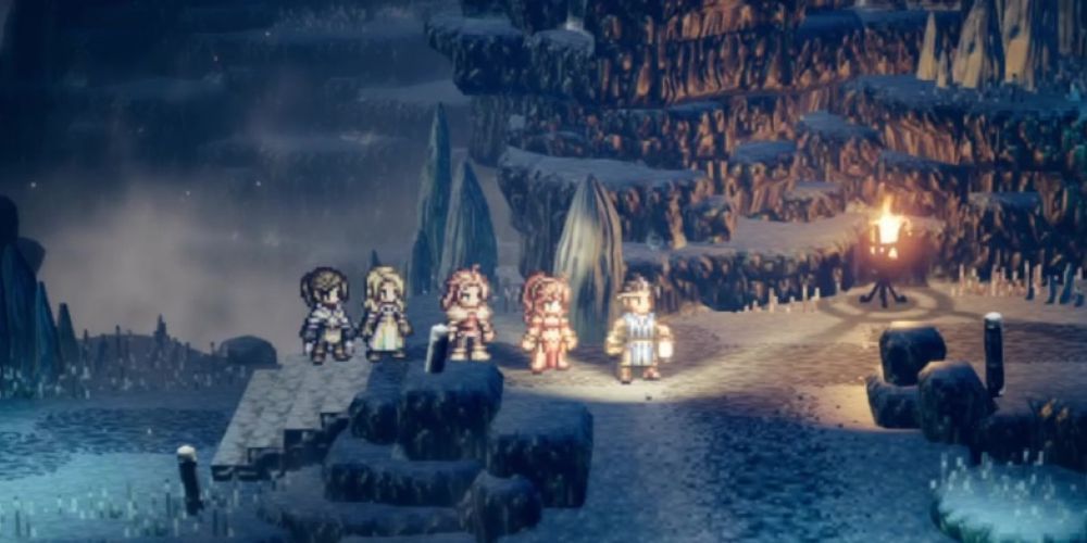 A party explores a dungeon in Octopath Traveler