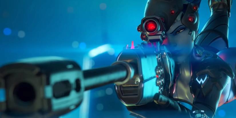 Widowmaker aiming in the distance in Overwatch cinematic