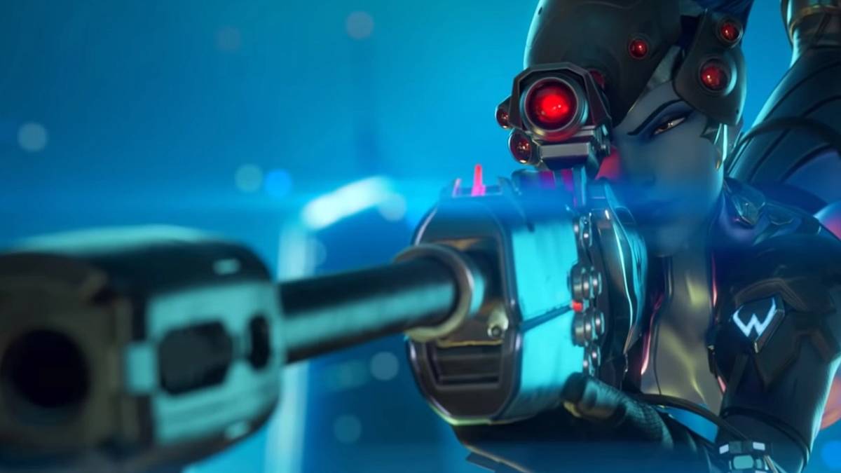 Widowmaker aiming in the distance in Overwatch cinematic