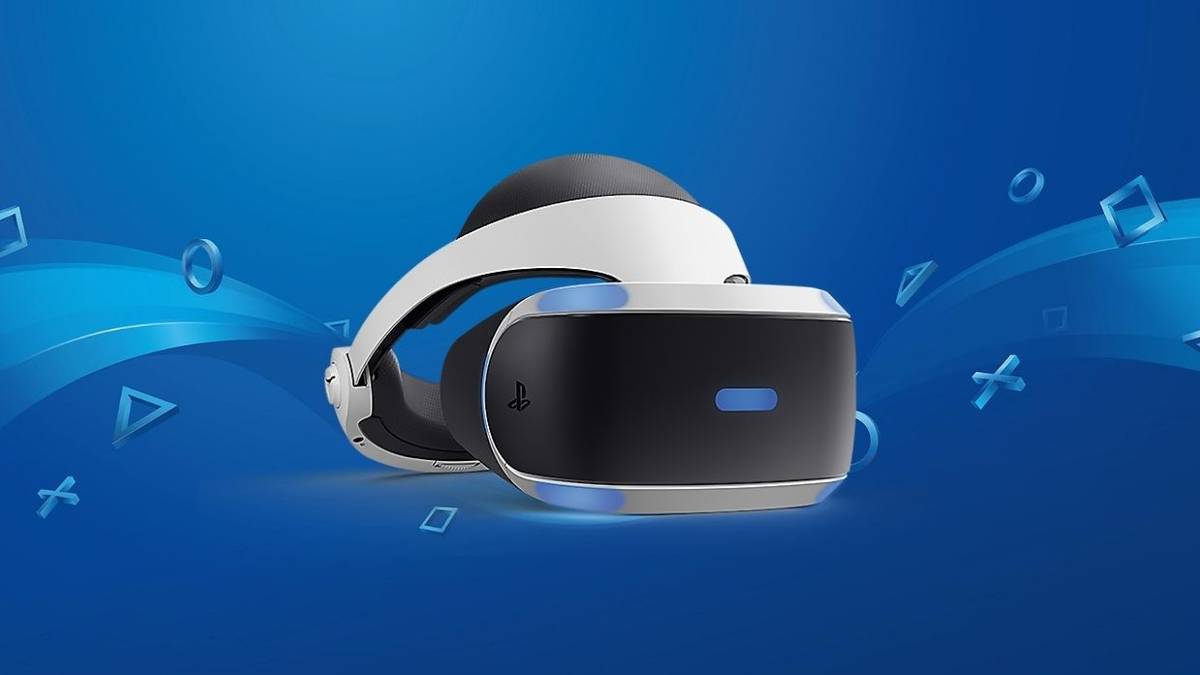 blu ebackground with the playstation vr headset on top