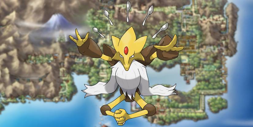 Mega Alakazam in front of Kanto artwork