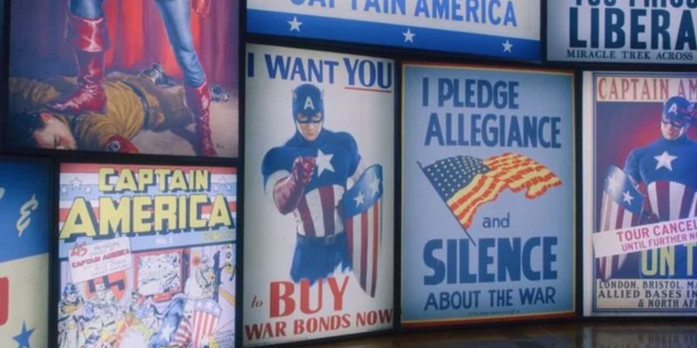 posters in the captain america exhibit in falcon and winter soldier