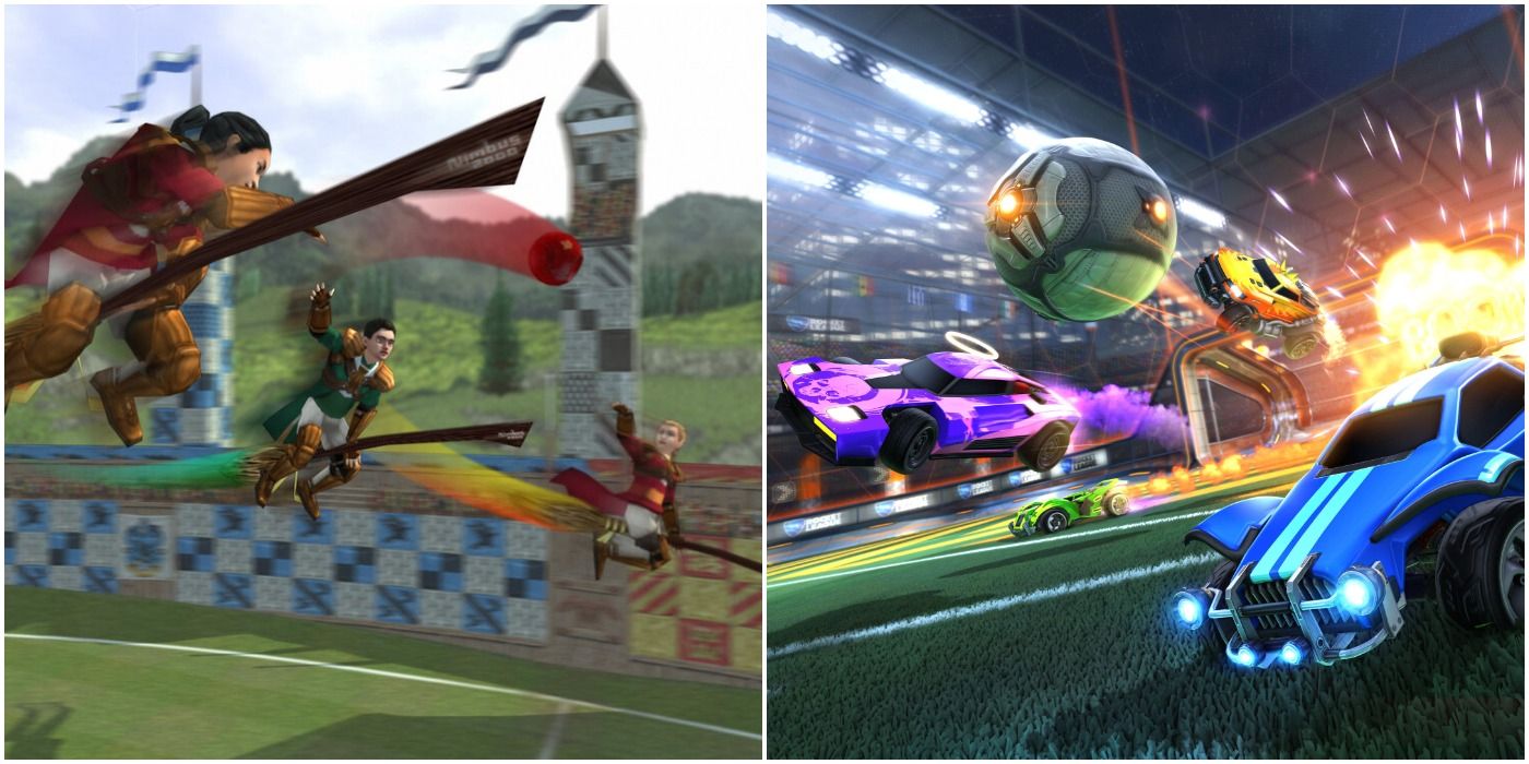 (Left) Quidditch in Hogwarts (Right) Rocket League match with exploding car