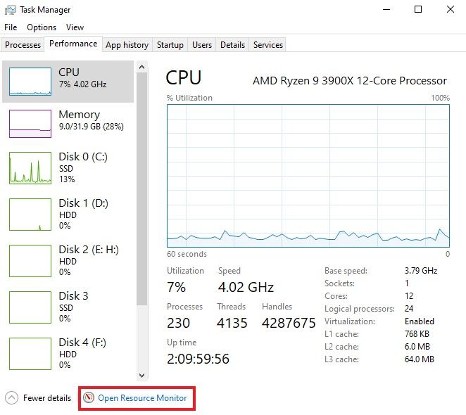 task manager window with resource monitor highlighted