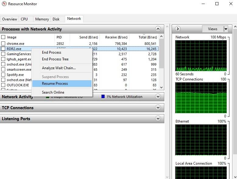 resource monitor window showing process and dropdown for resumption