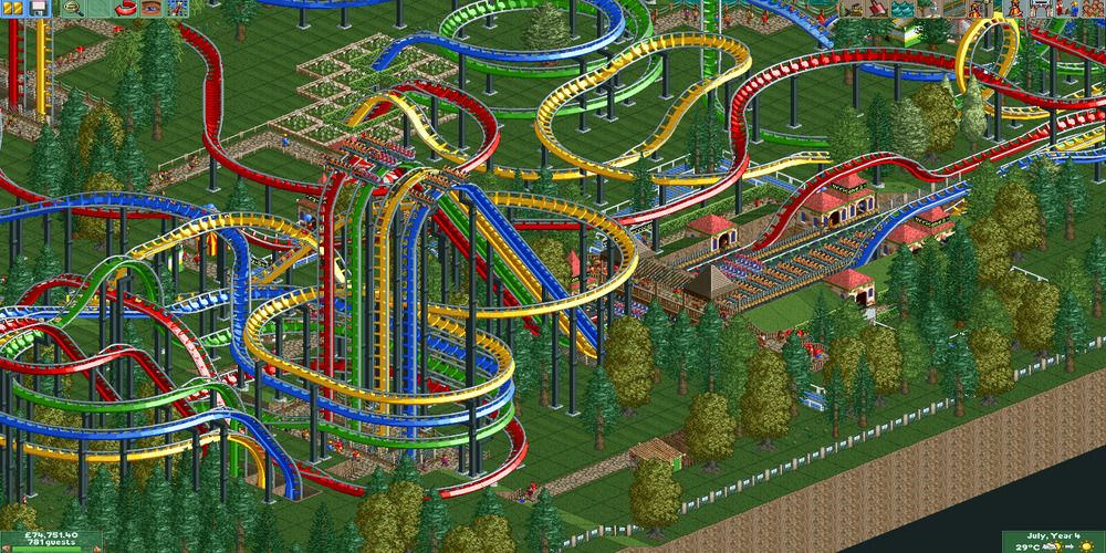 aerial view of a theme park in rollercoaster tycoon 2