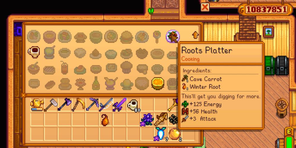 Roots Platter on the cooking menu in Stardew Valley