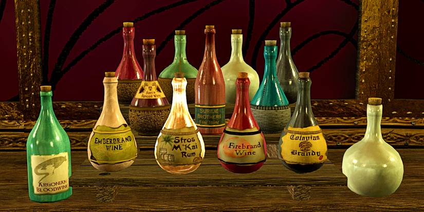 various kinds of wine on a table.