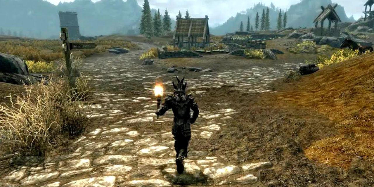 Player sprinting down a road in Skyrim