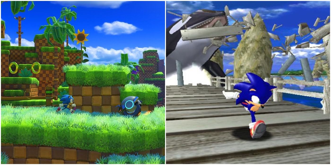 (Left) Sonic side-scrolling running on grass (Right) Sonic escaping a whale