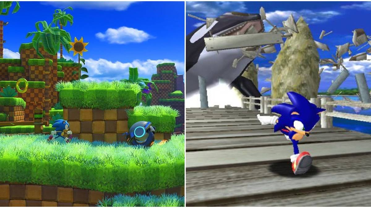 (Left) Sonic side-scrolling running on grass (Right) Sonic escaping a whale