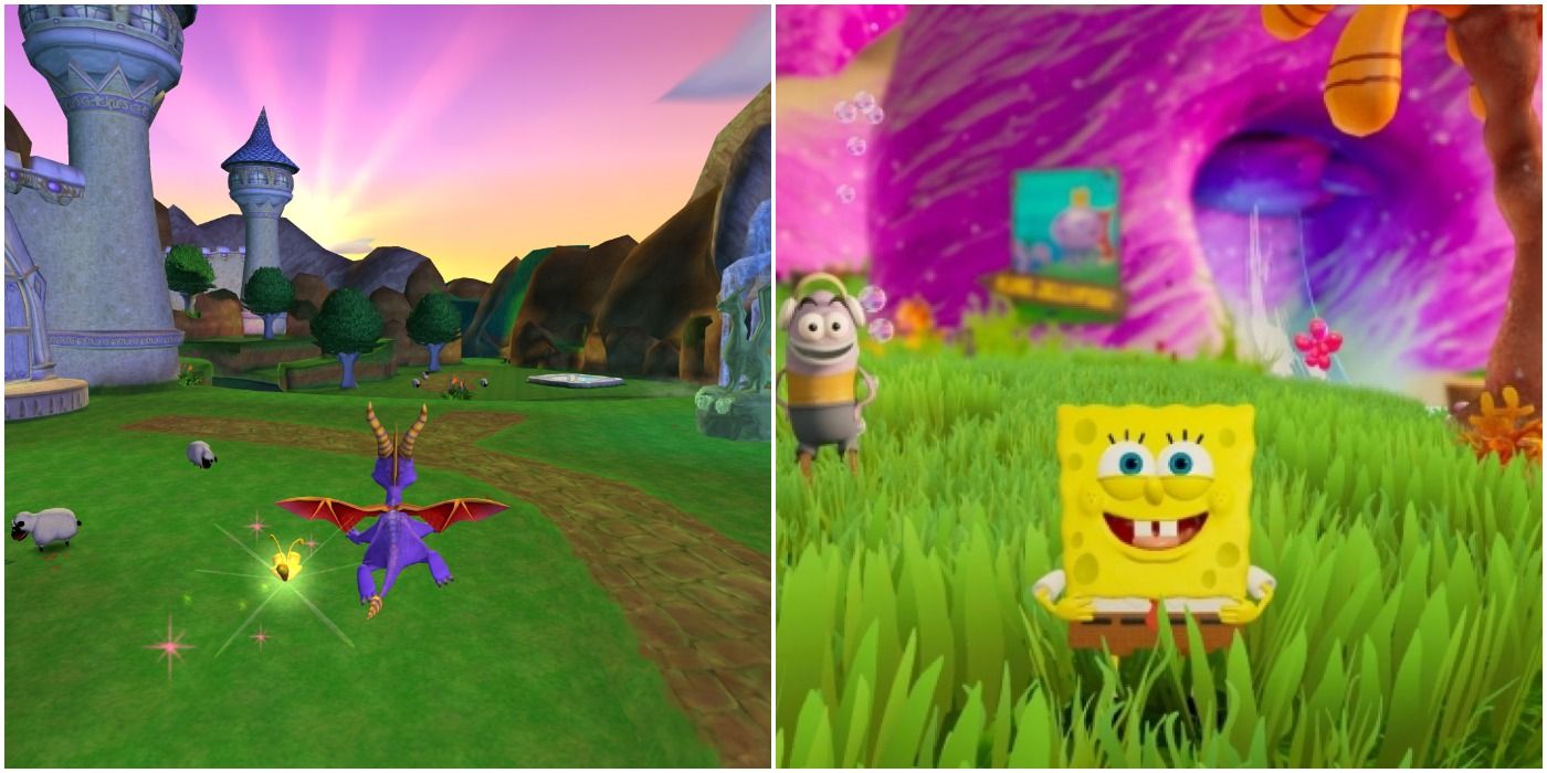 (Left) Spyro gliding (Right) Spongebob smiling