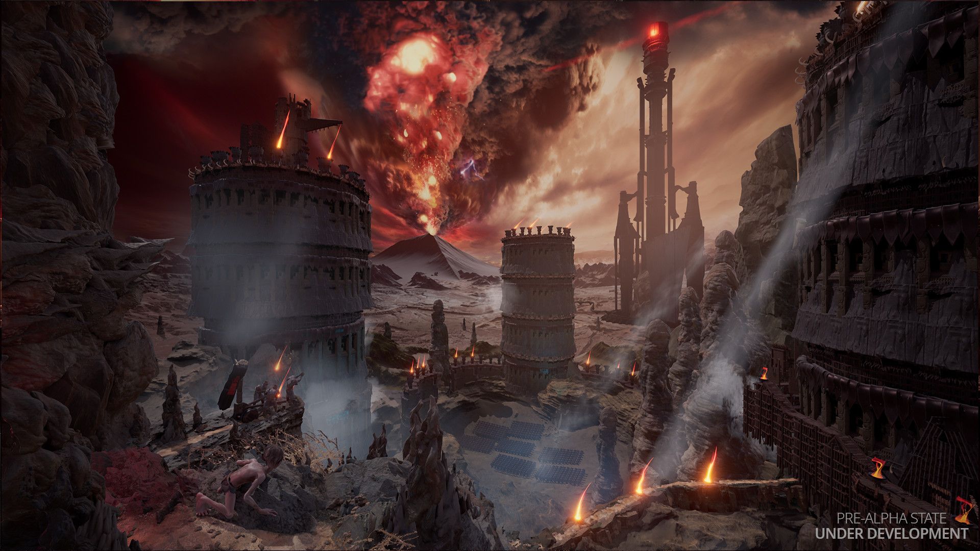 Gollum overlooks a dark and dangerous landscape, Sauron can be seen.