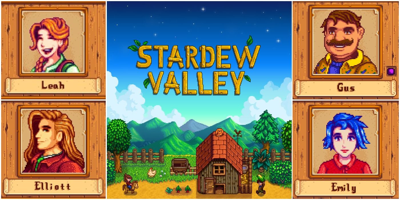 Stardew Valley game art, surrounded by character portraits from the game