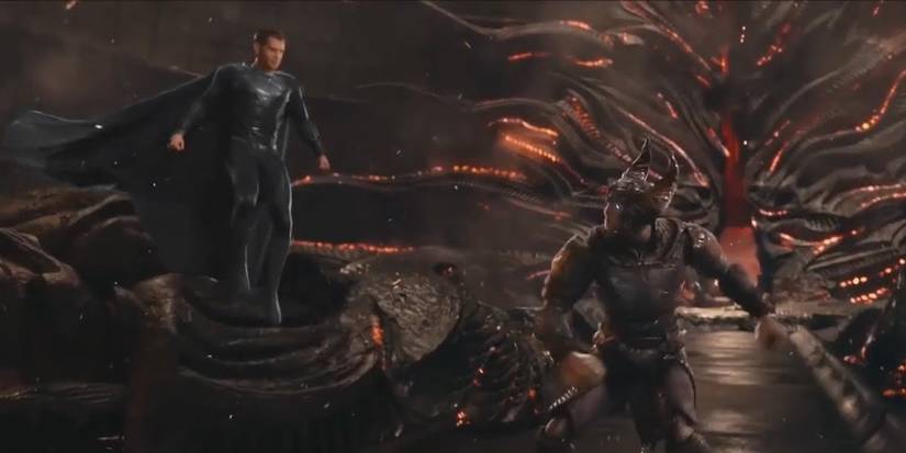 superman flies and steppenwolf looks at him in Justice League Cropped