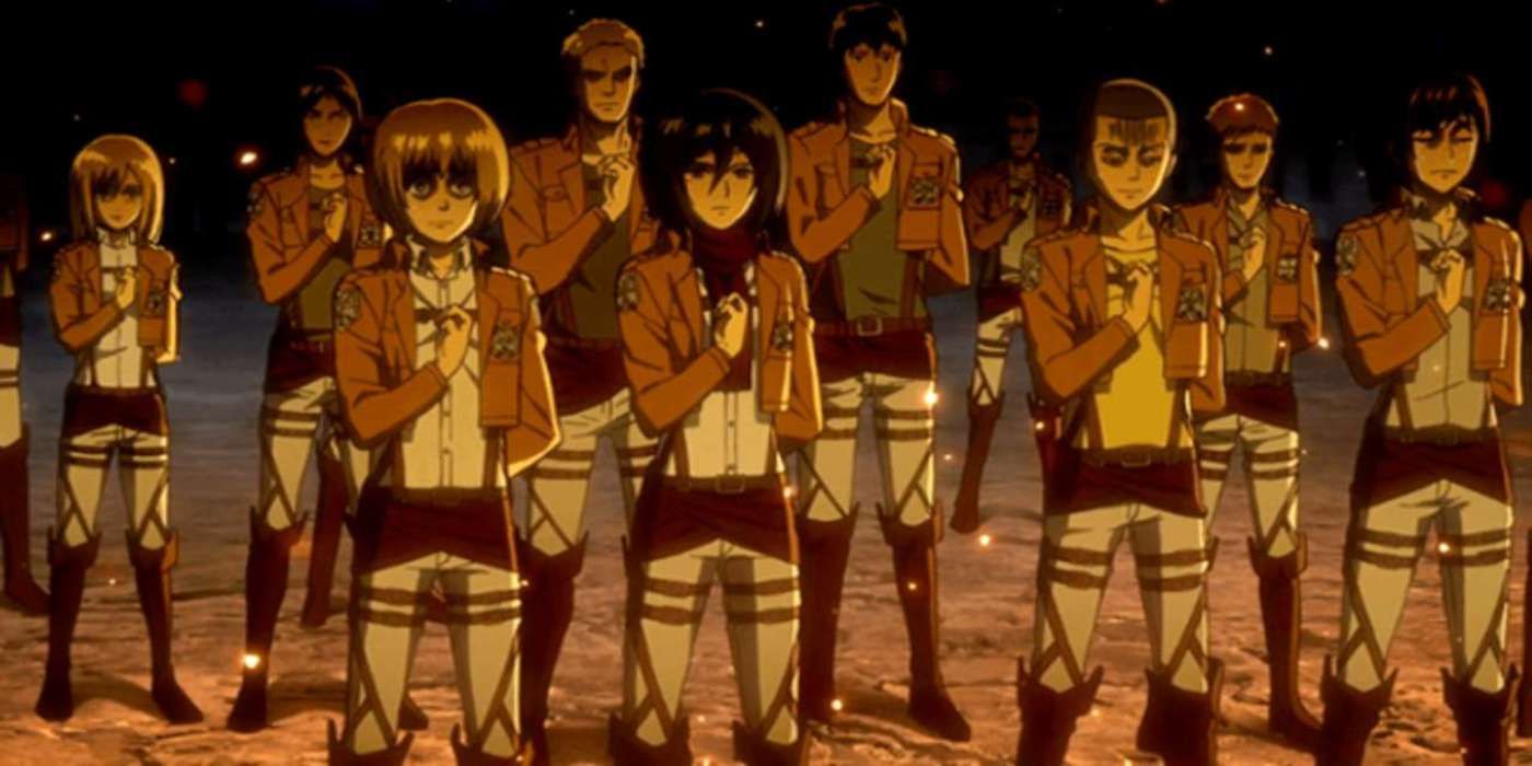 The Survey Corps from Attack on Titan performing the iconic "Sasageyo" salute.