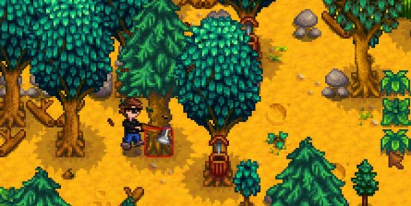 Stardew Valley character chopping a tree