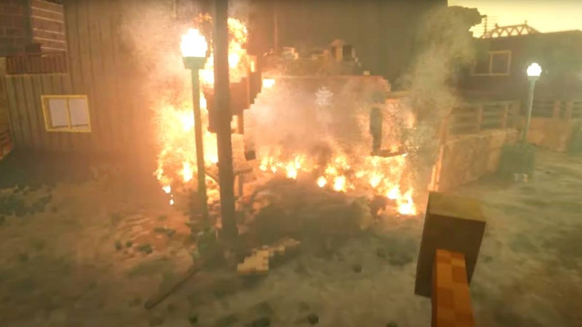 teardown character approaches blazing building with hammer