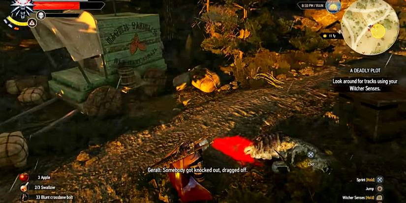 geralt finding the wagon in the quest after fighting some wolves.