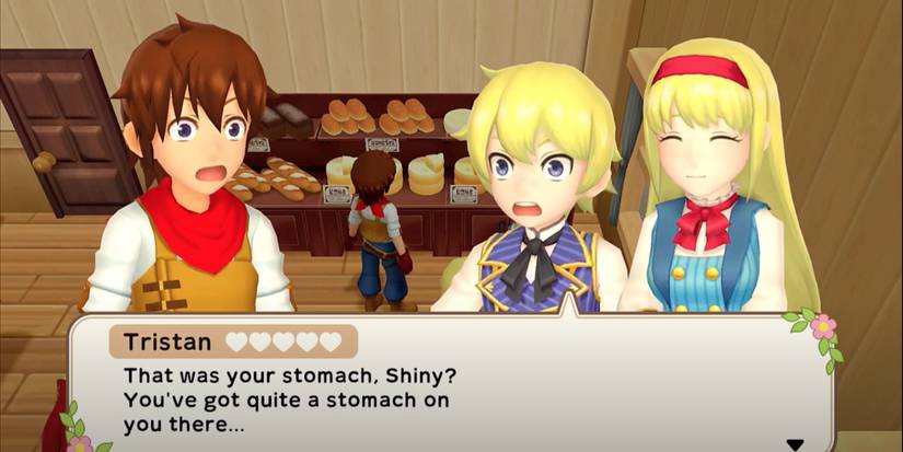 Harvest Moon Player with Tristan and Laura in bakery in front of cheese wall