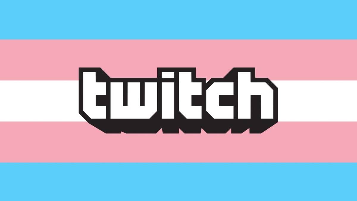 twitch logo over trans flag colors, pink, blue, and white