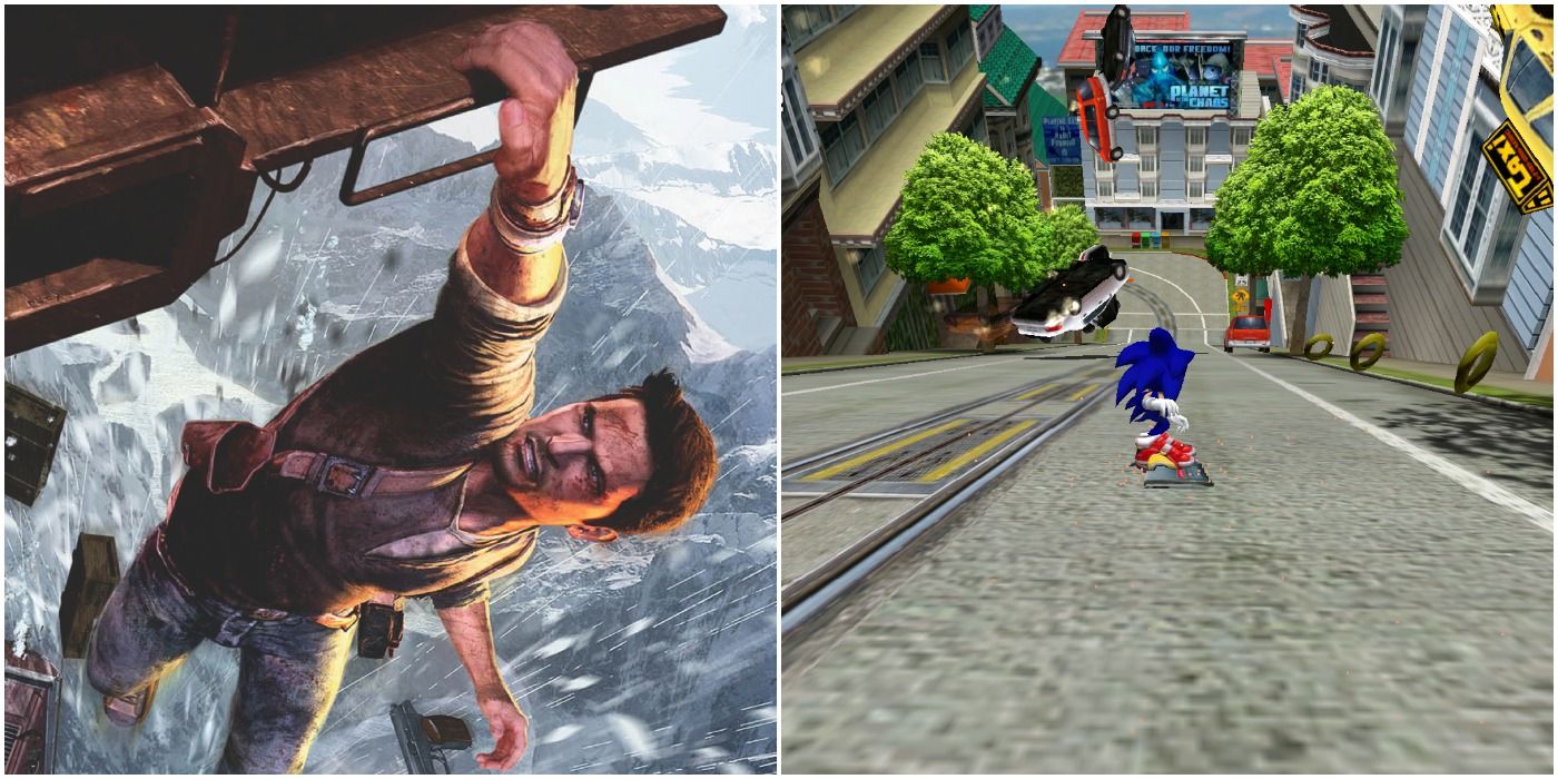 (Left) Uncharted 2 cover art of Nathan Drake hanging (Right) Sonic riding a board down a street