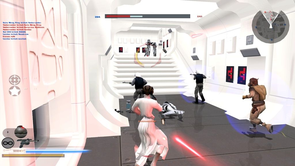 Princess Leia aims a gun at some stormtroopers while her allies run past her.