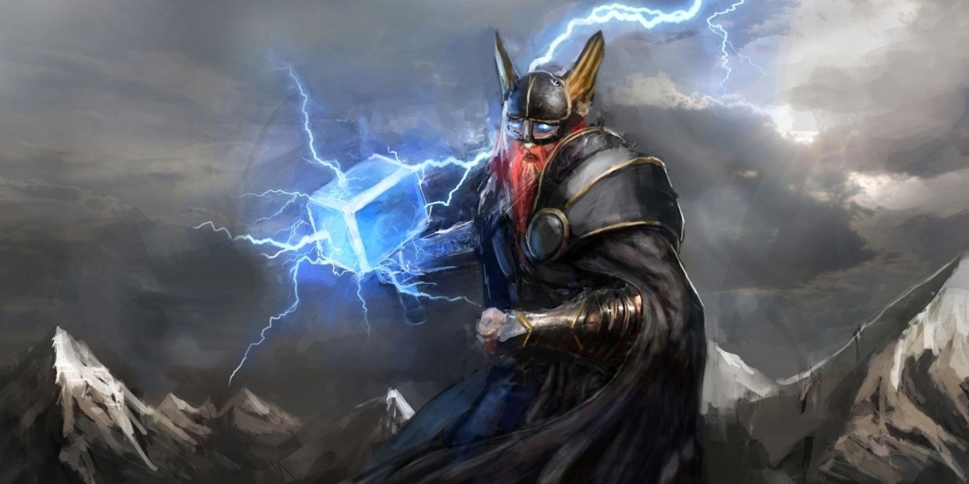 artwork of norse god thor with lightning and hammer