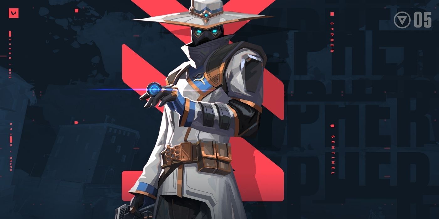 masked valorant agent with wide hat, cypher